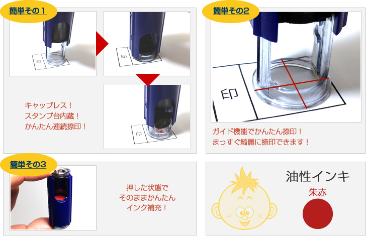 キャップレス！スタンプ台内蔵！かんたん連続捺印！ガイド機能でかんたん捺印！まっすぐ綺麗に捺印できます！インク補充もかんたんです！